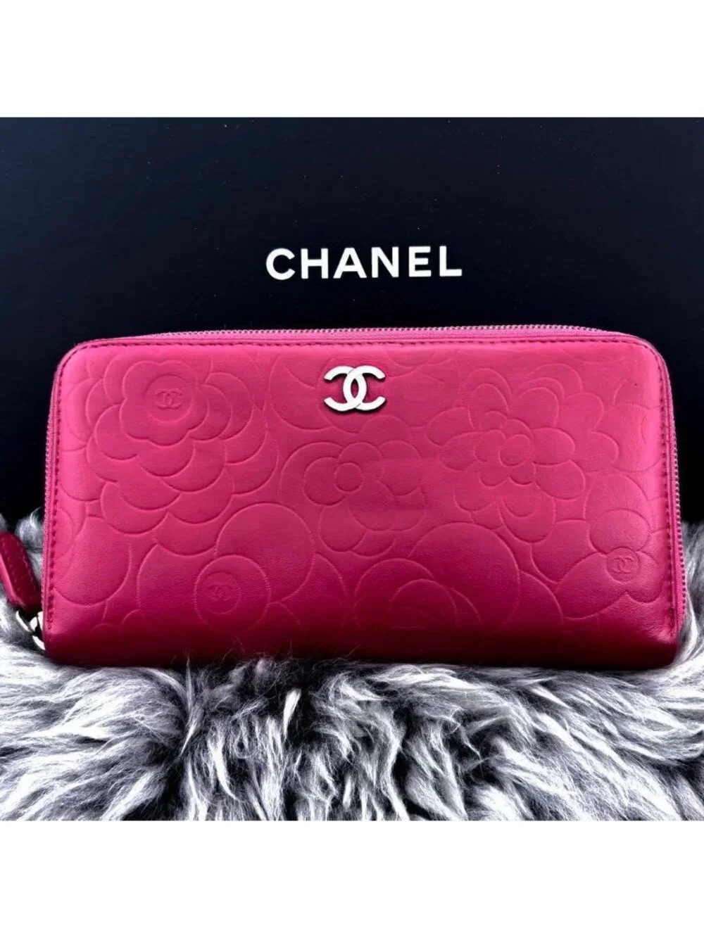 Chanel Wallet Camellia Embossed Zip Around